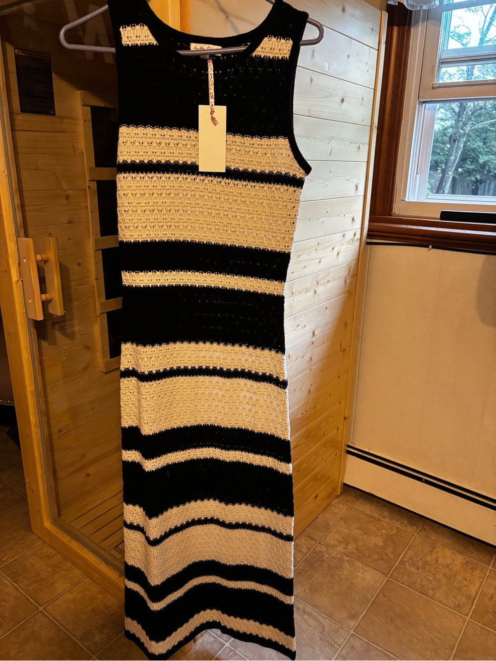 Sleeveless Black and White Striped Knit Maxi Dress